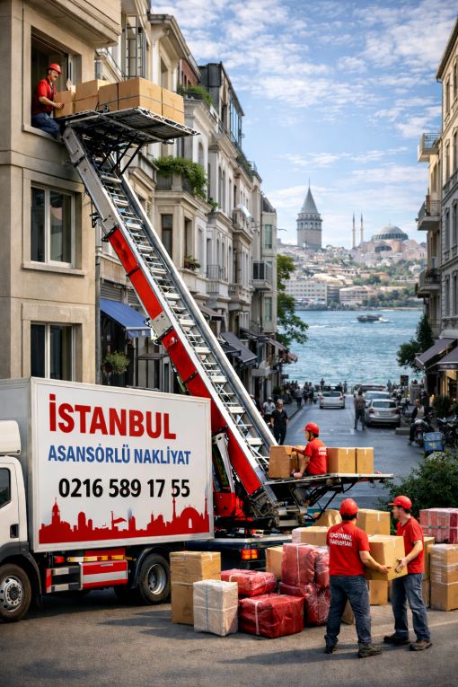 İstanbul Asansörlü Nakliyat İstanbul’un gerçek sokak atmosferinde çekilmiş hissi veren bu görselde, asansörlü nakliyat hizmeti modern ekipmanlarla güvenli ve hızlı şekilde gerçekleştiriliyor. Profesyonel ekip, eşyaları bina dışından özel asansör sistemiyle üst katlara taşıyarak hem zamandan tasarruf sağlıyor hem de güvenliği ön planda tutuyor.